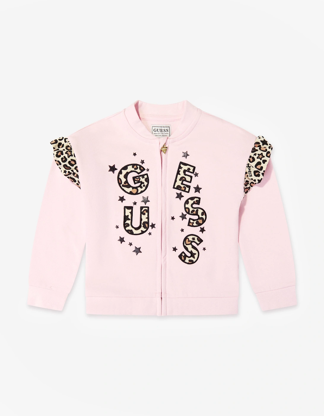 Guess Guess Girls Leopard Print Logo Zip Up Top in Pink