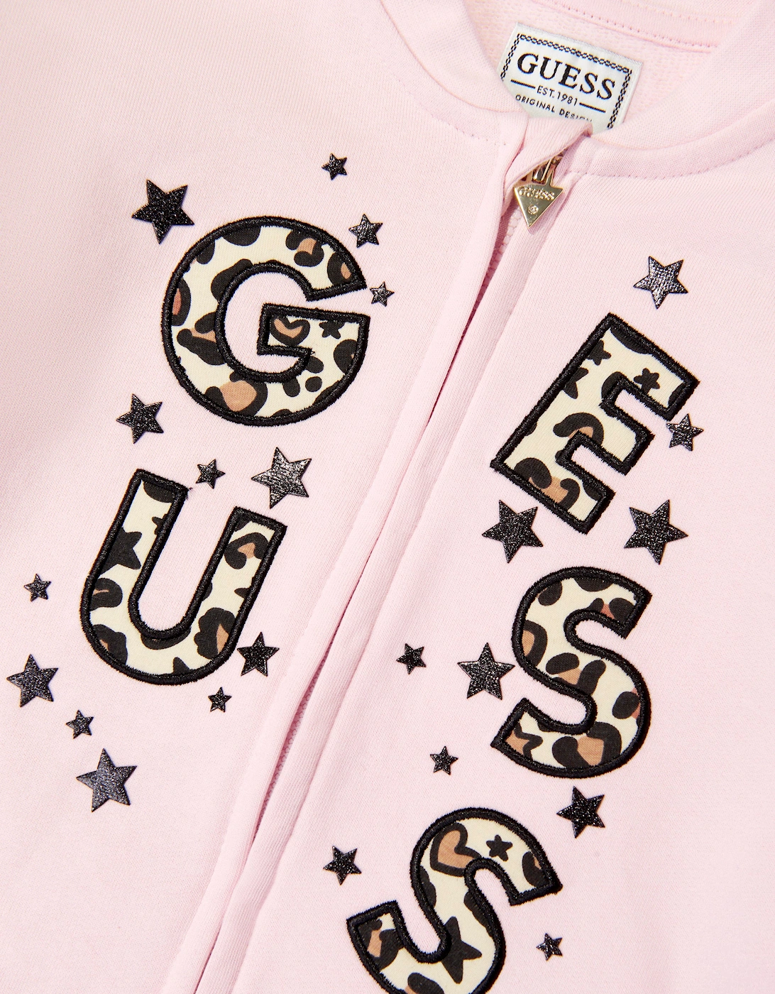 Guess Girls Leopard Print Logo Zip Up Top in Pink