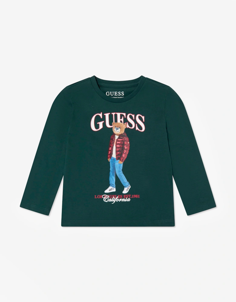 Guess Boys Long Sleeve Bear Logo T-Shirt in Green
