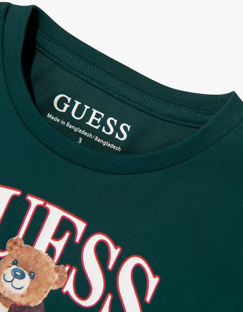 Guess Boys Long Sleeve Bear Logo T-Shirt in Green
