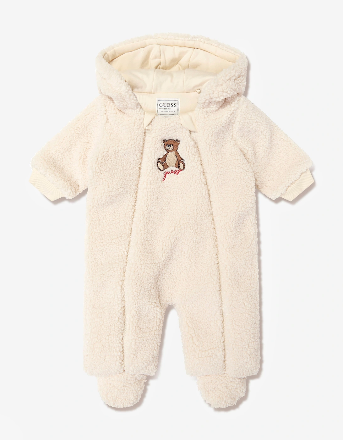 Guess Baby Faux Fur Hooded Pramsuit with Ears in Beige