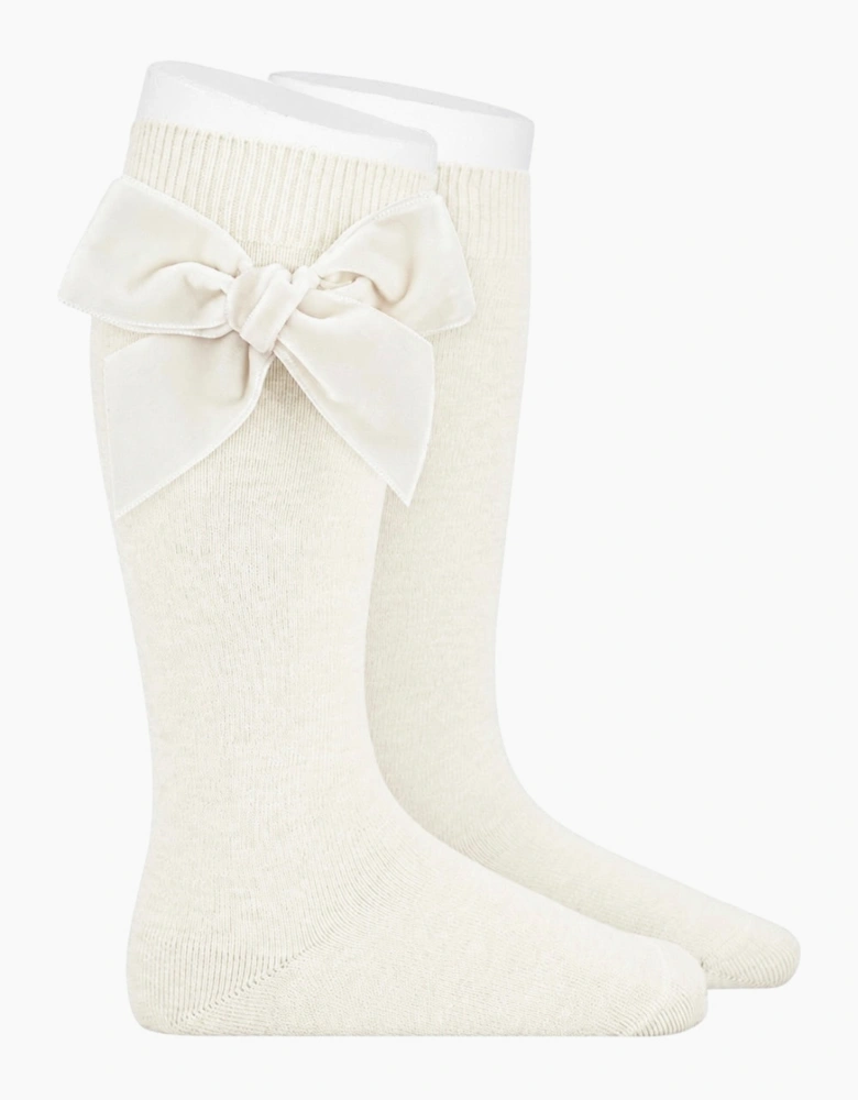 Girls Cream 303 Velvet Bow Knee Socks