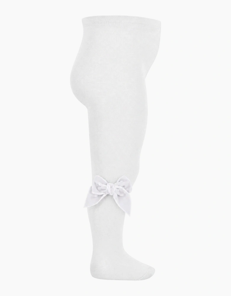 Girls White Velvet Bow Tights