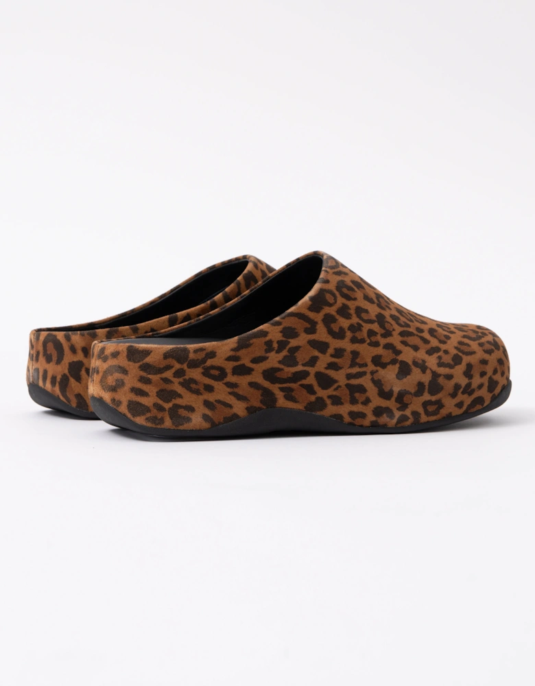 FitFlop Shuv Womens Suede Leopard Mules - Tan/Black E76