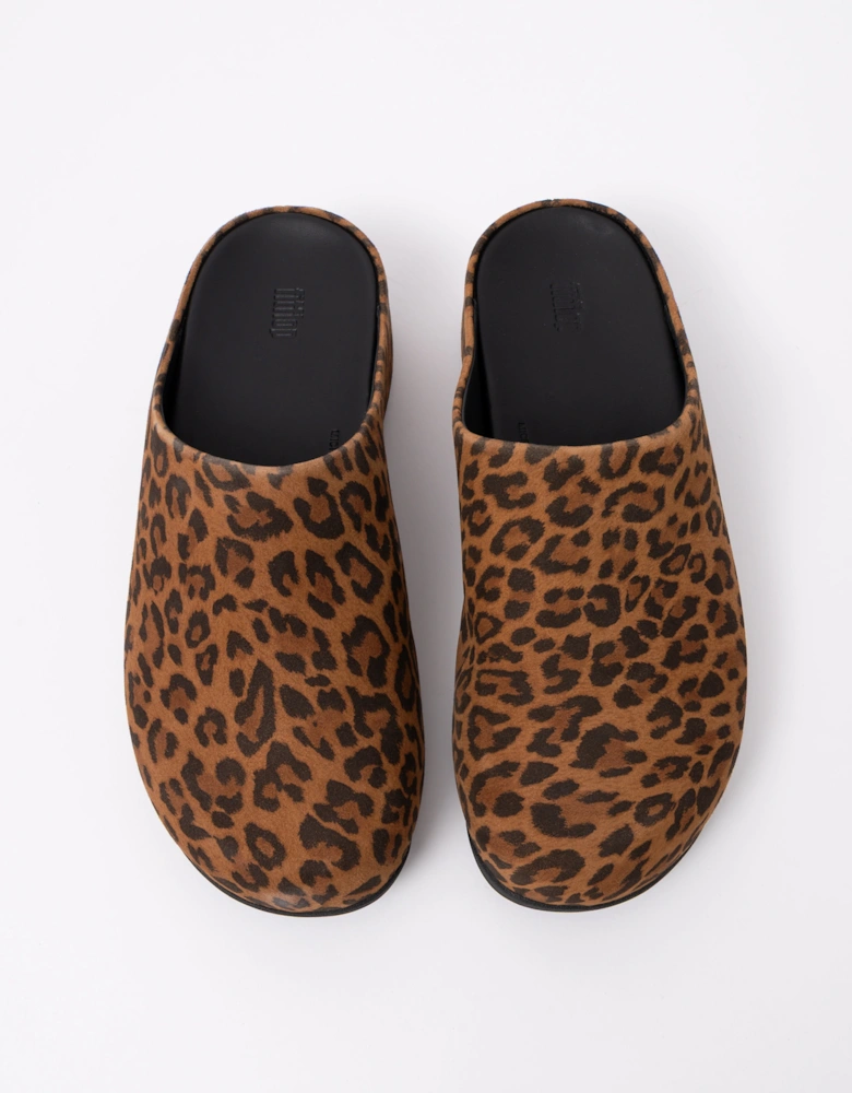 FitFlop Shuv Womens Suede Leopard Mules - Tan/Black E76