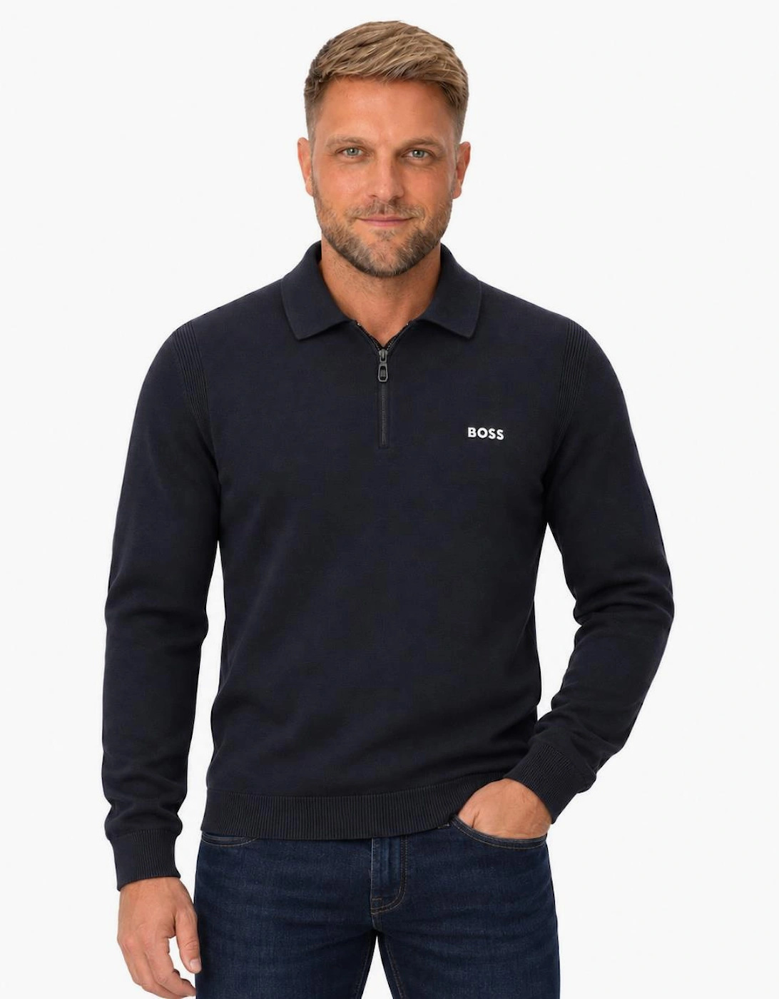 BOSS Ever Knitted Zip Neck Polo Shirt Navy