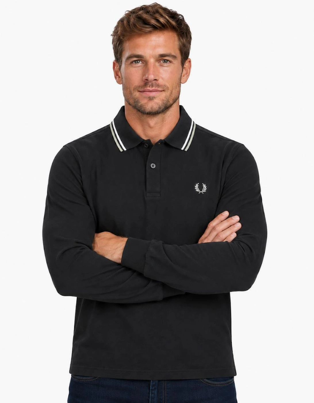Fred Perry Long Sleeve Twin Tipped Polo Shirt Navy/Ecru/Silver Blue