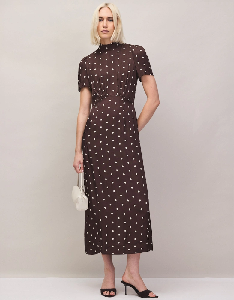Petite Brown Polka Dot Puff Sleeve Dress