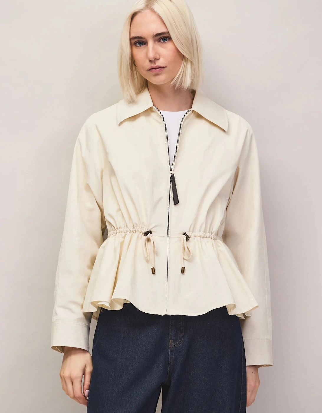 Cream Drawstring Waisted Water-Resistant Jacket