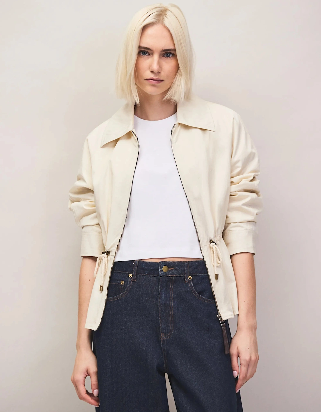 Cream Drawstring Waisted Water-Resistant Jacket