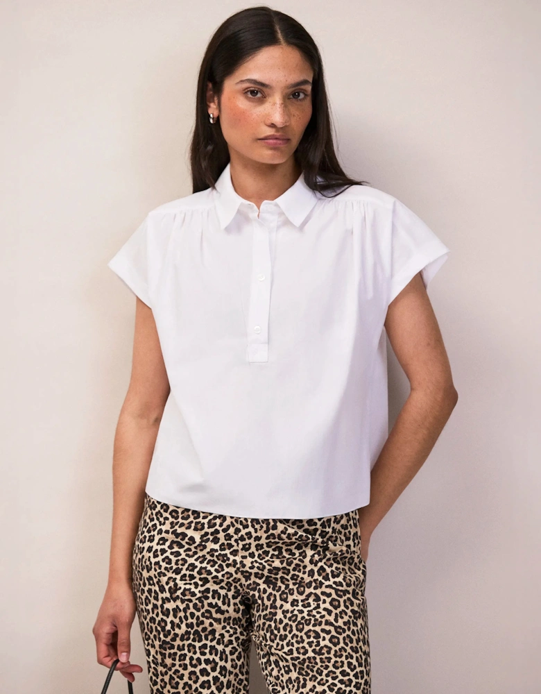 White Cotton Poplin Gathered Shoulder Shirt