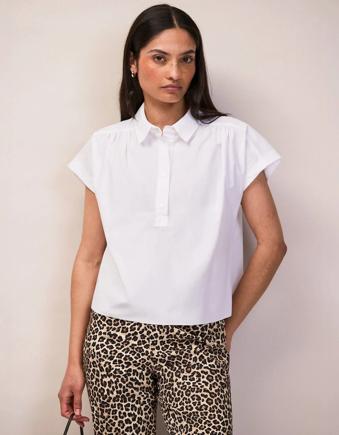 White Cotton Poplin Gathered Shoulder Shirt