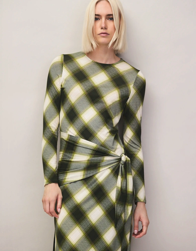Green Check Scarf Waist Dress