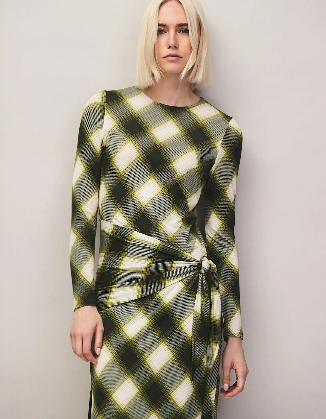Green Check Scarf Waist Dress