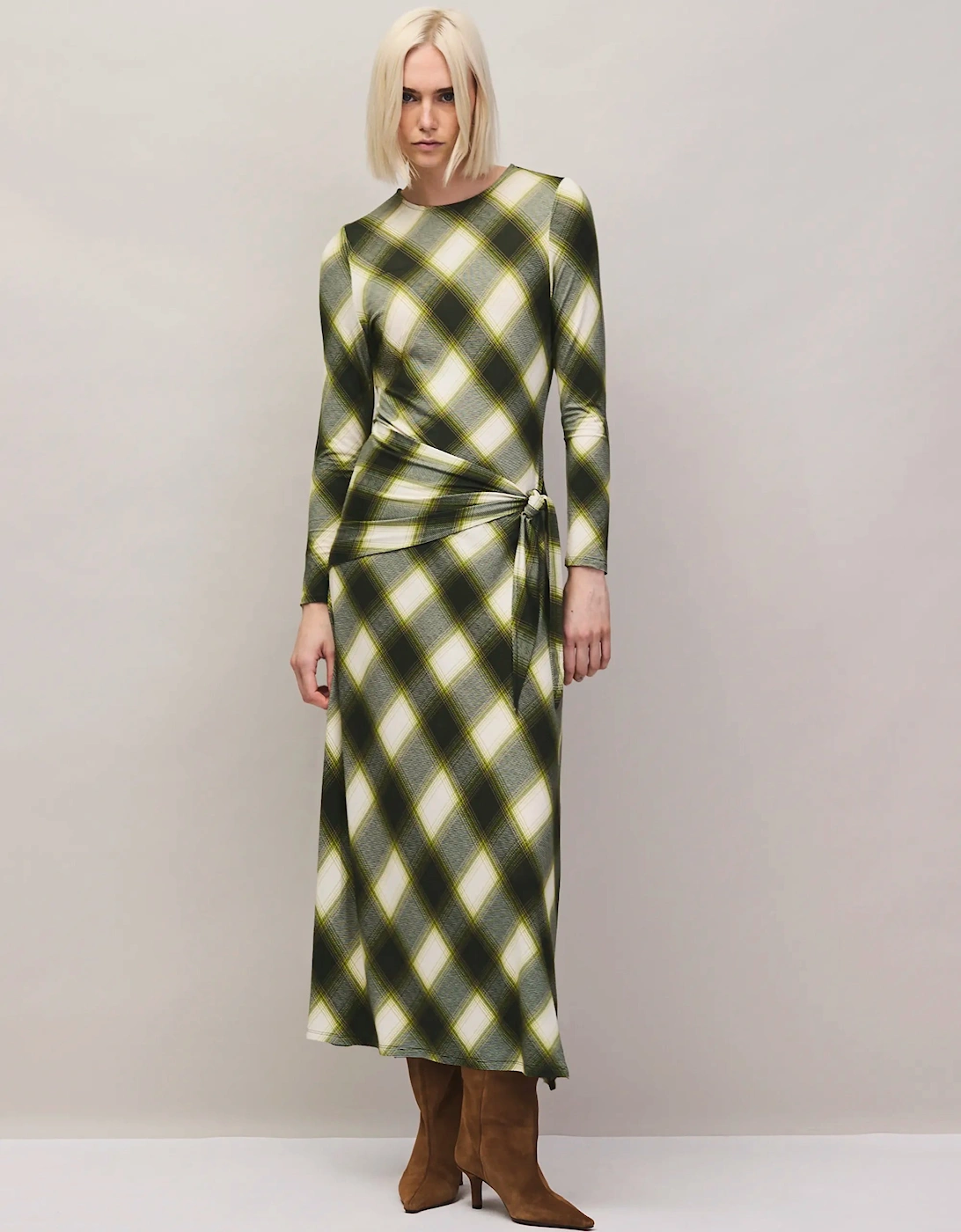 Green Check Scarf Waist Dress