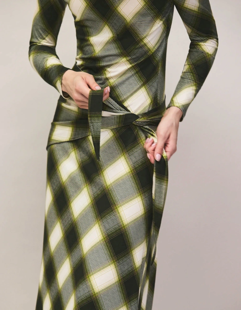 Green Check Scarf Waist Dress