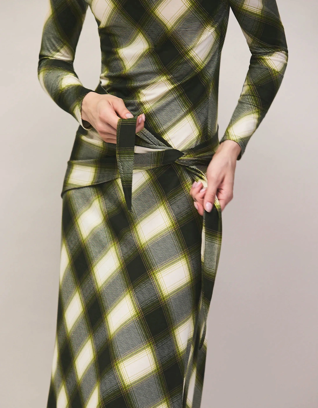 Green Check Scarf Waist Dress