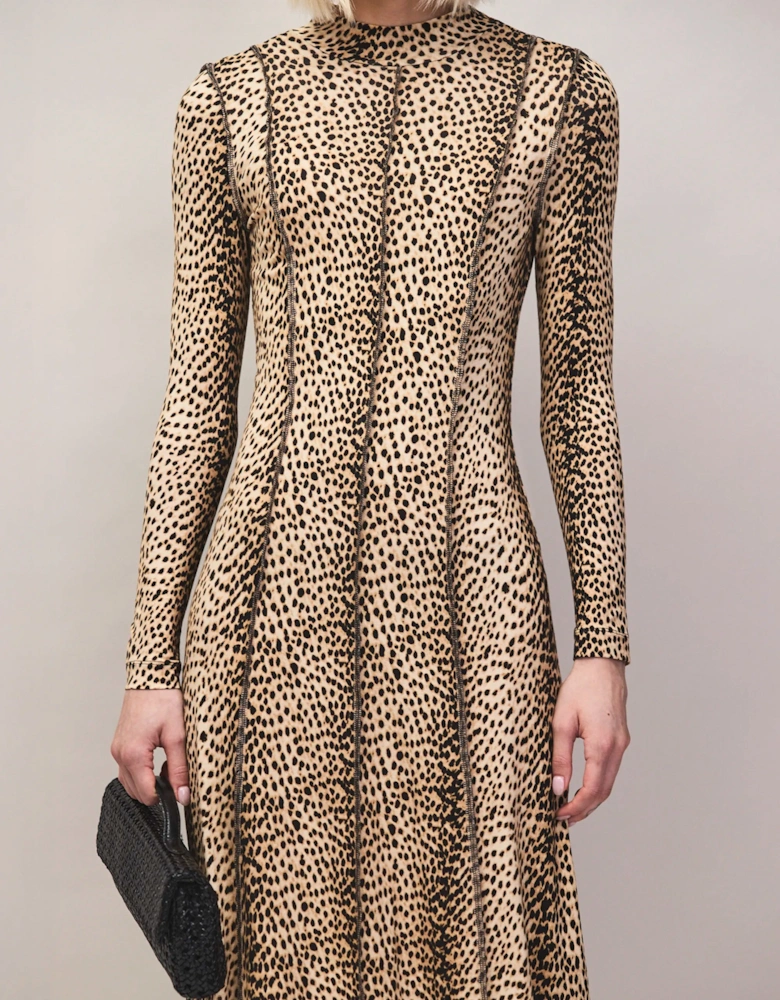 Animal Print Seam Detail Midi Dress