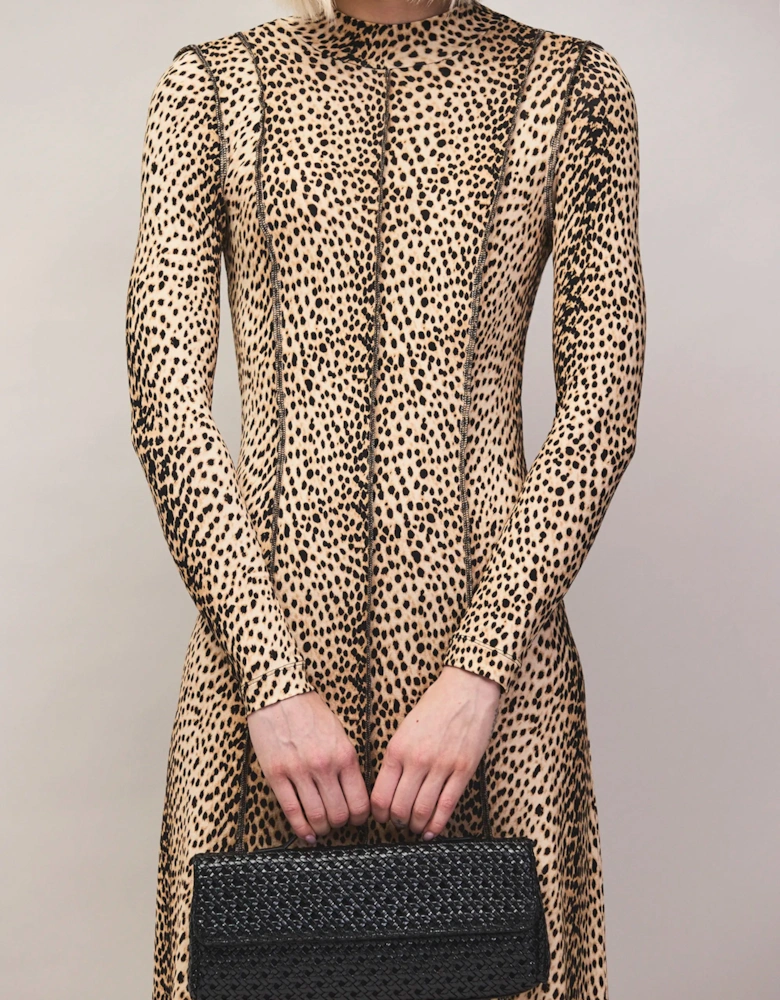 Animal Print Seam Detail Midi Dress