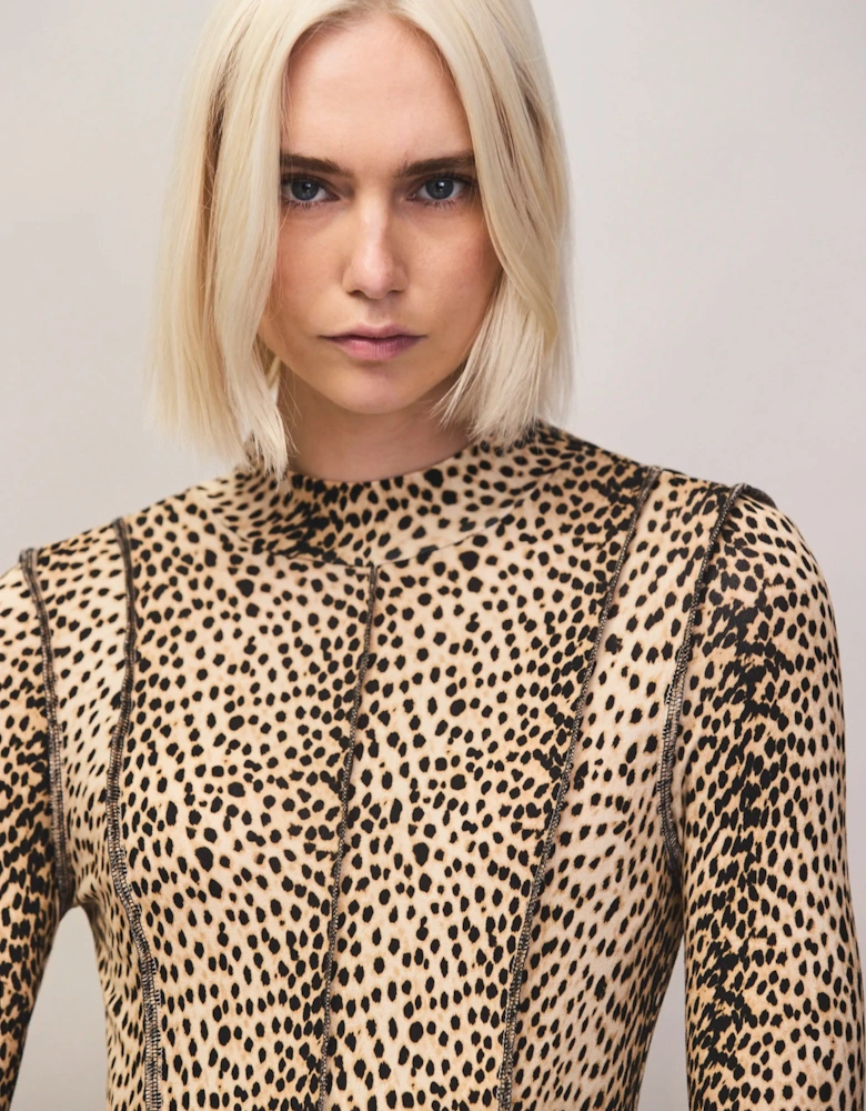 Animal Print Seam Detail Midi Dress