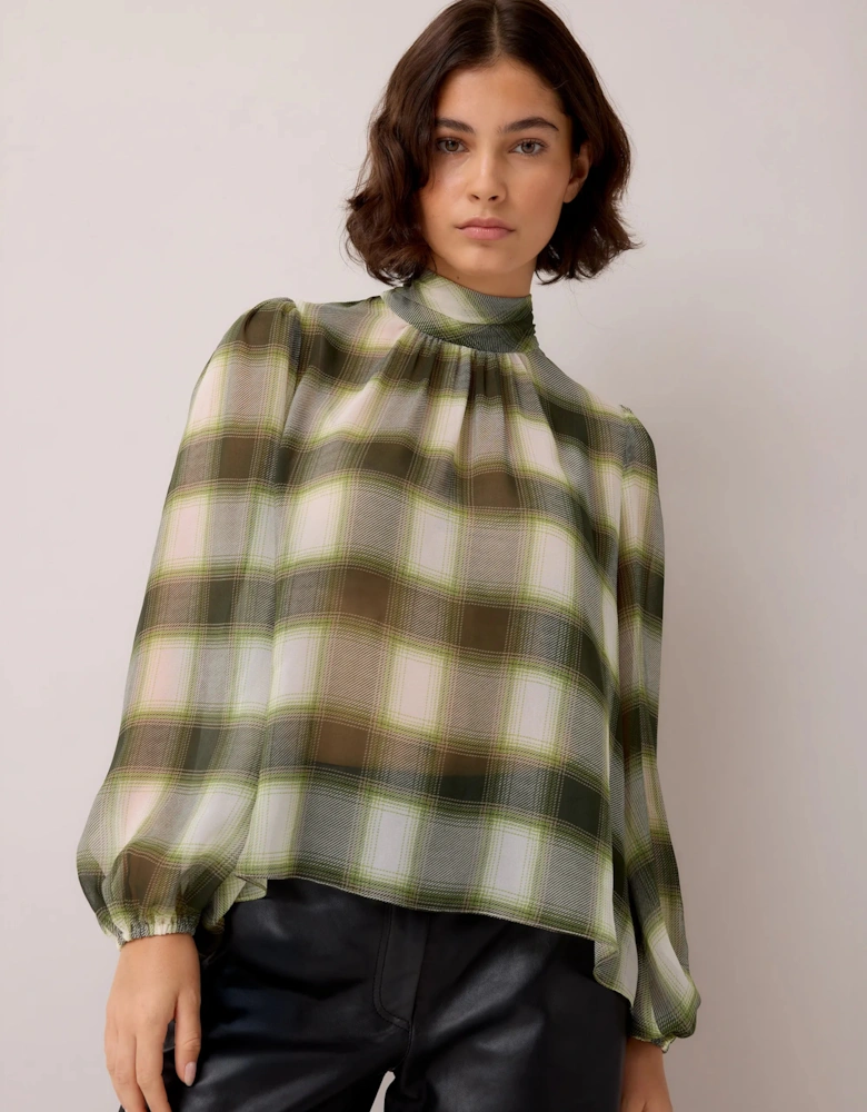 Green Check Scarf Detail Chiffon Blouse