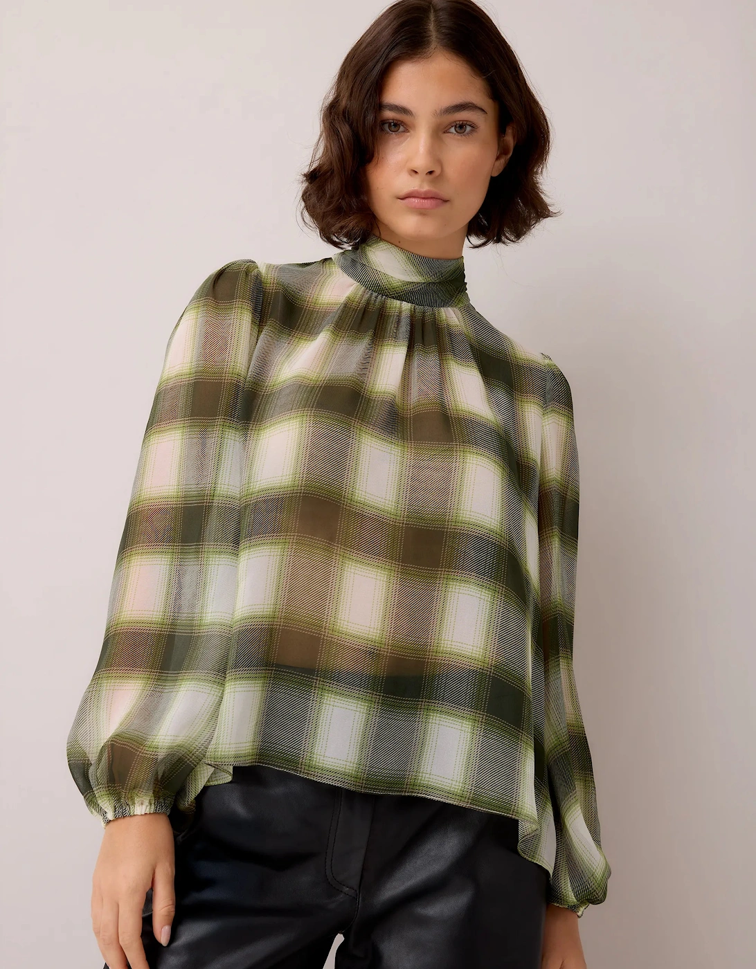 Green Check Scarf Detail Chiffon Blouse