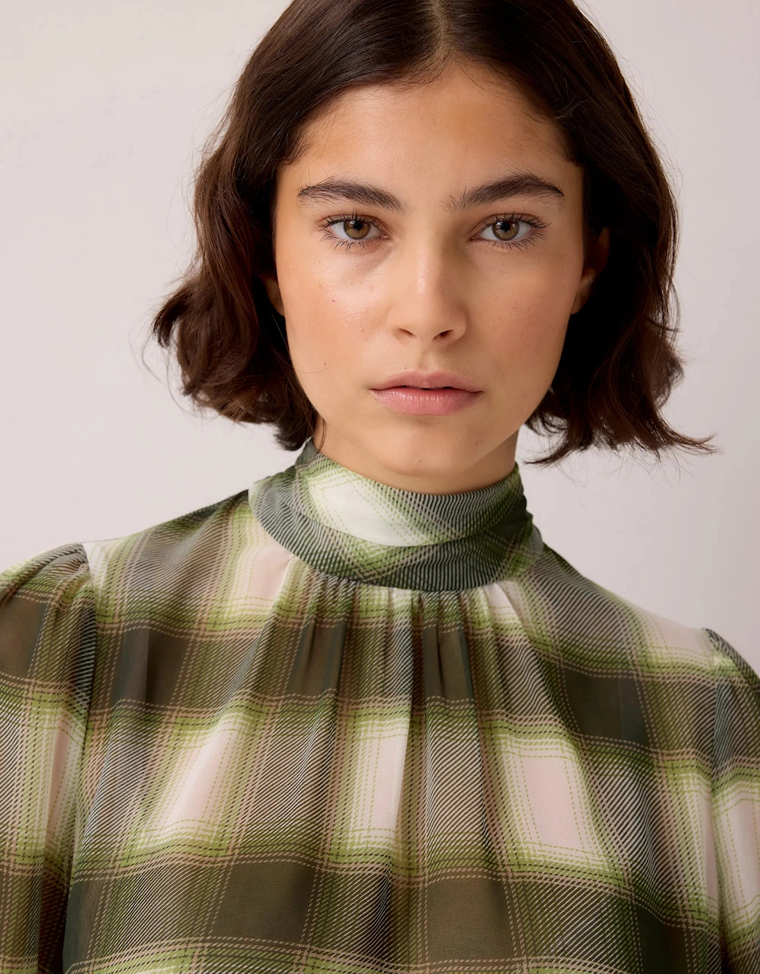 Green Check Scarf Detail Chiffon Blouse