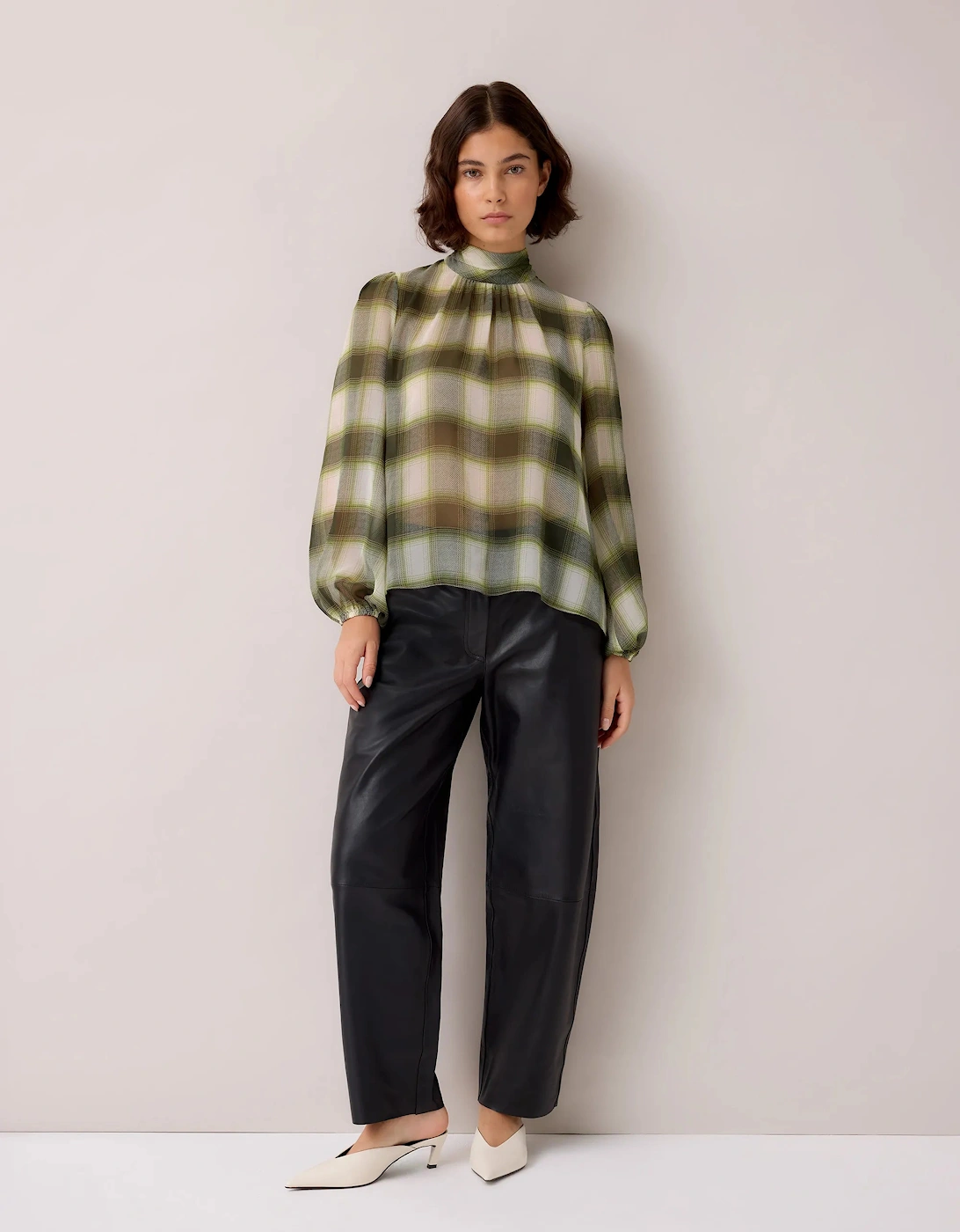 Green Check Scarf Detail Chiffon Blouse