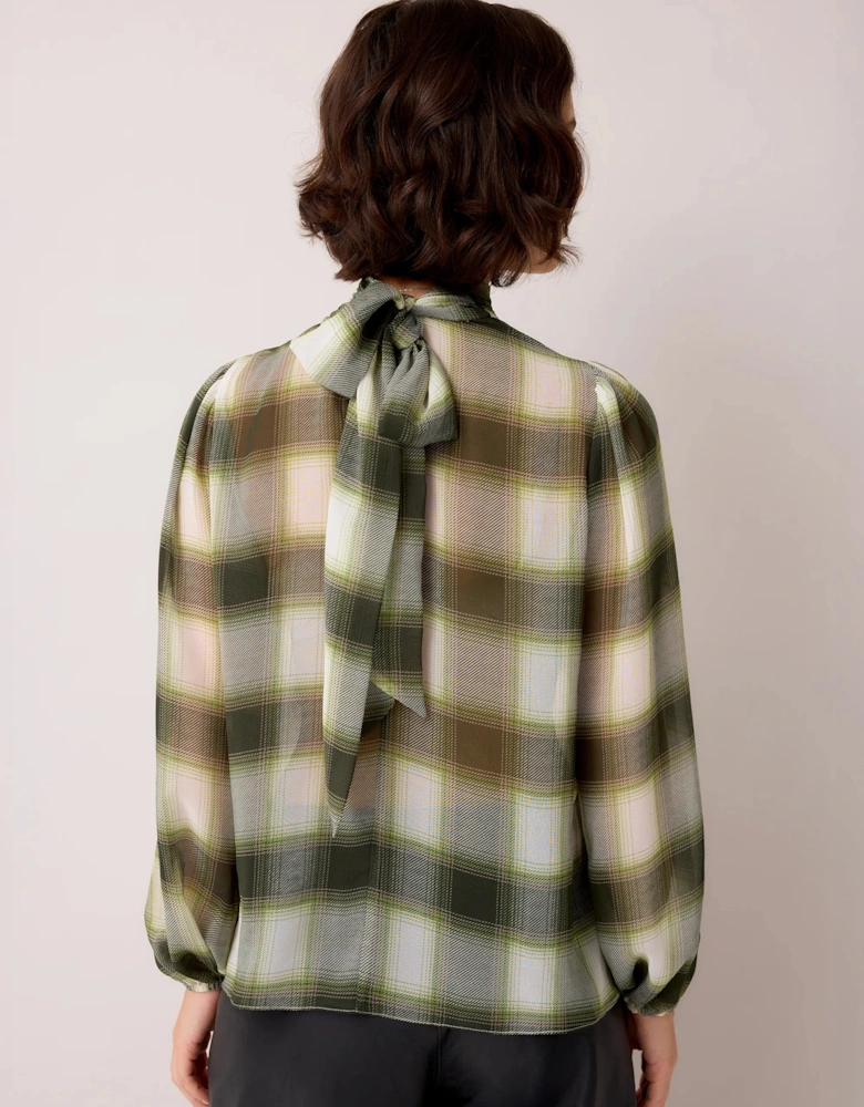 Green Check Scarf Detail Chiffon Blouse
