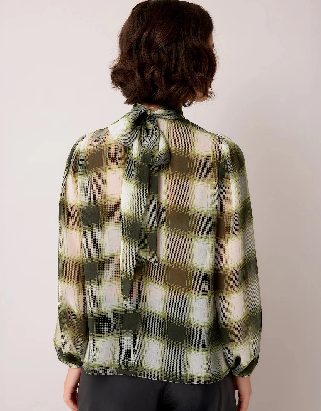 Green Check Scarf Detail Chiffon Blouse