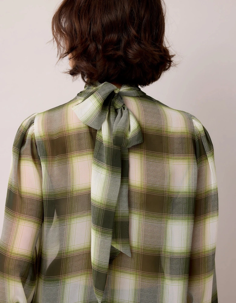 Green Check Scarf Detail Chiffon Blouse