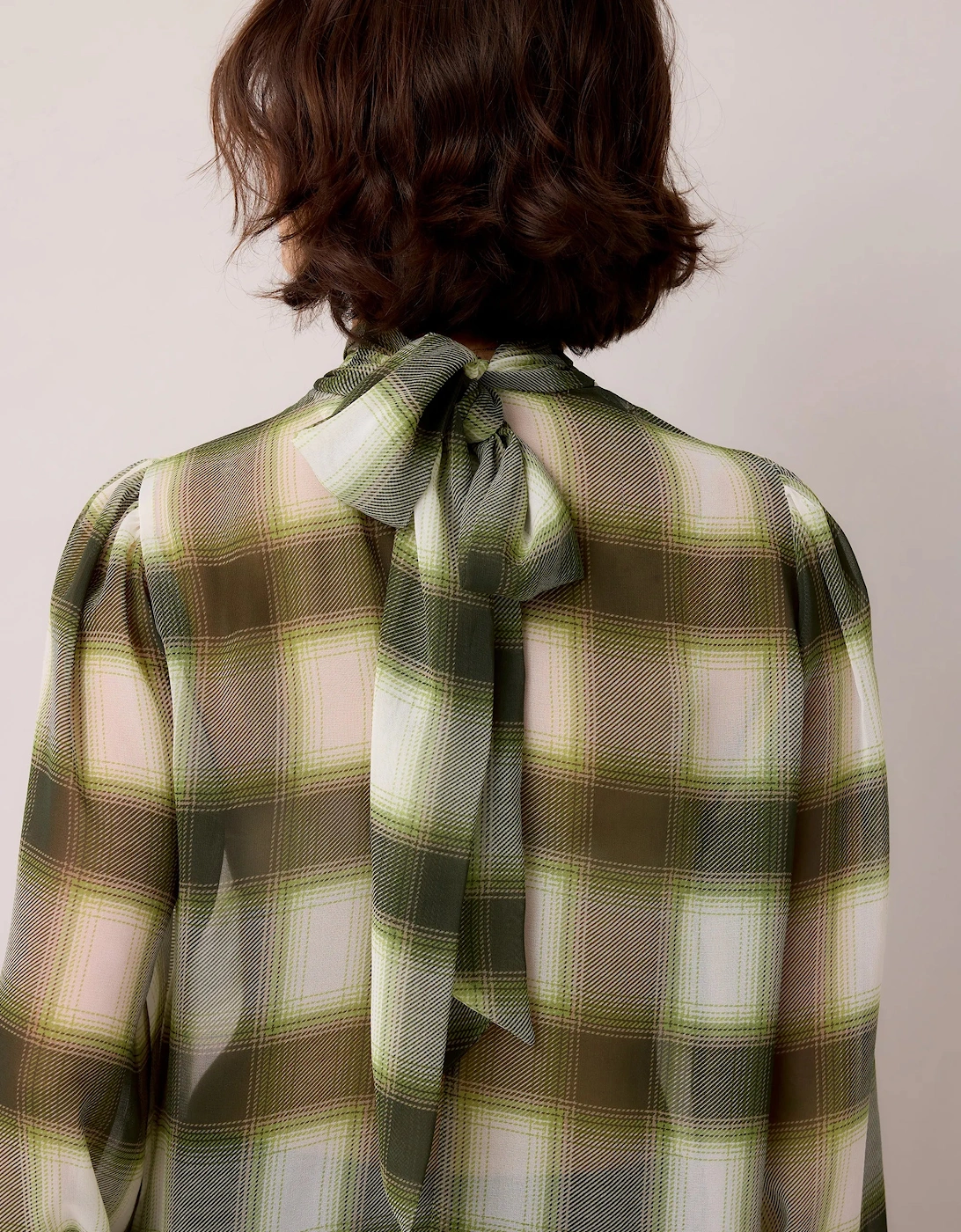 Green Check Scarf Detail Chiffon Blouse
