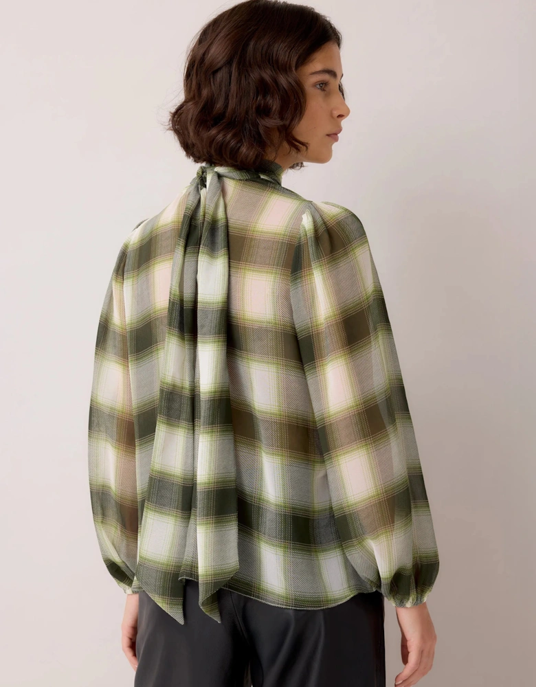 Green Check Scarf Detail Chiffon Blouse