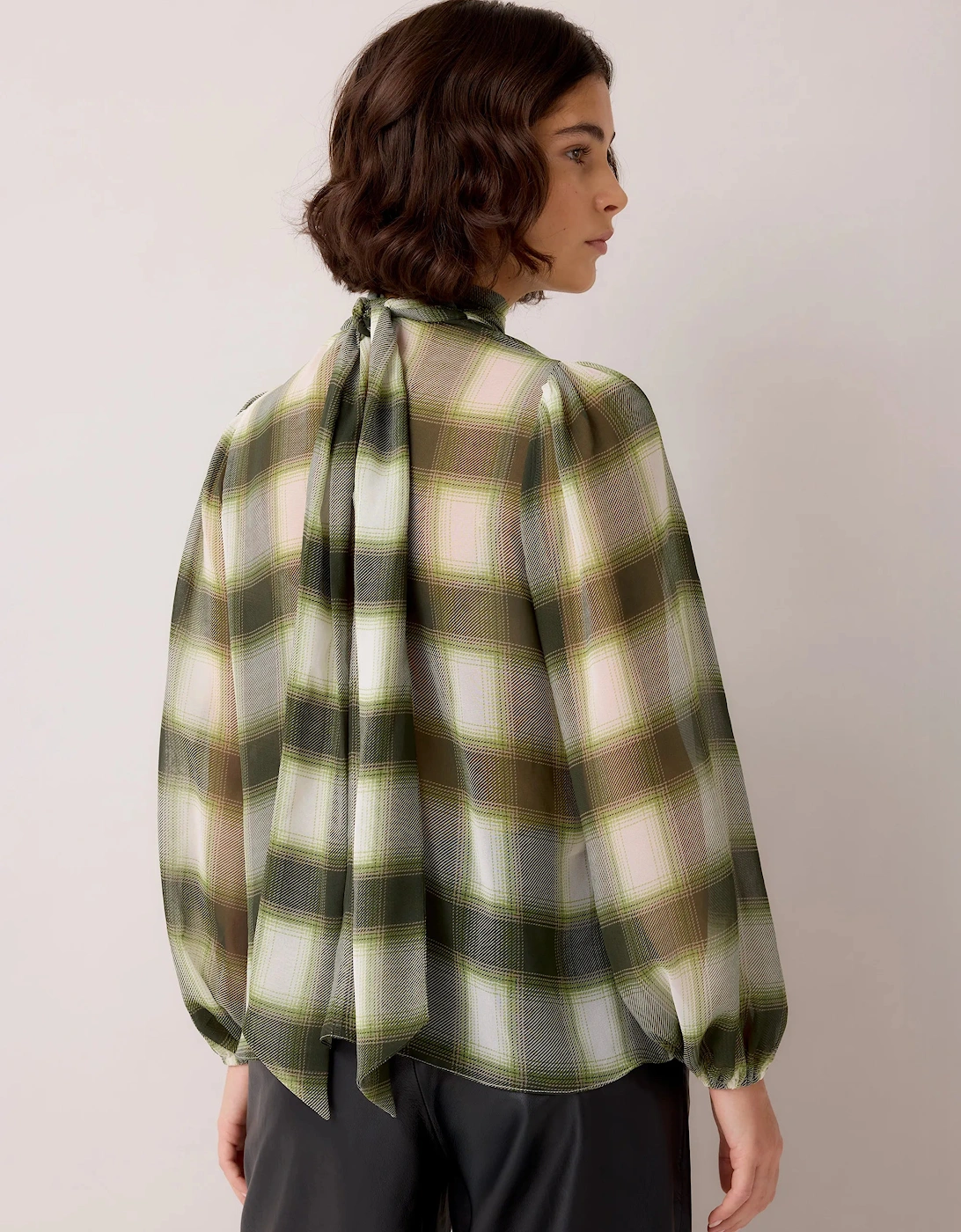 Green Check Scarf Detail Chiffon Blouse