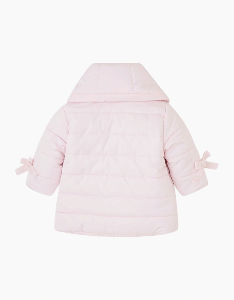 Girls Pale Pink Velvet Bow Parka Coat