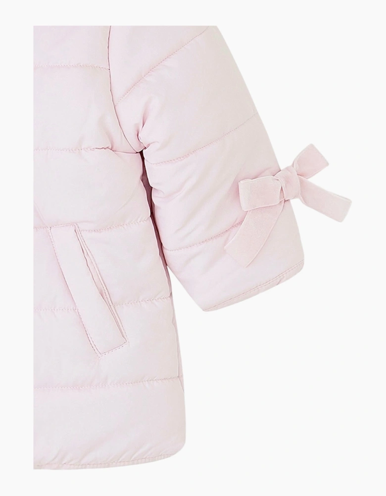 Girls Pale Pink Velvet Bow Parka Coat