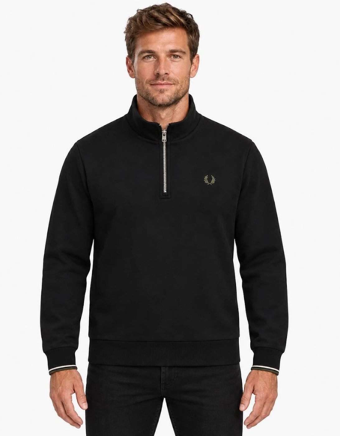 Fred Perry Half Zip Sweatshirt Black/Ecru/Laurel Wreath Green