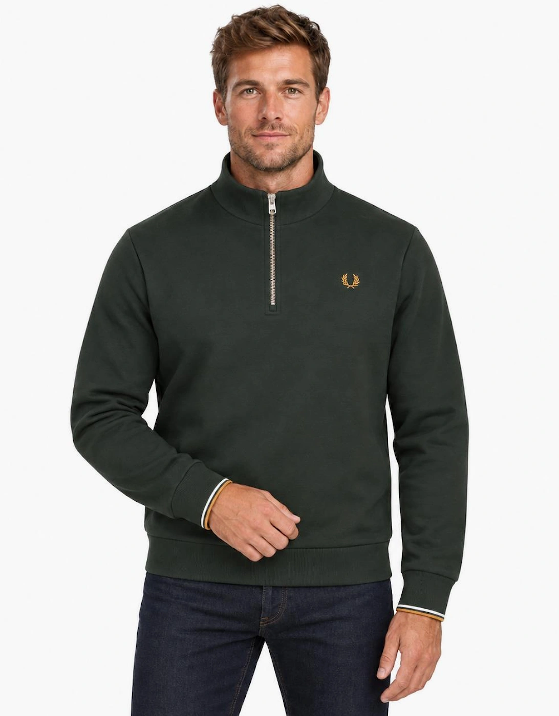 Fred Perry Half Zip Sweatshirt Night Green/Dusky Blue/Dark Caramel