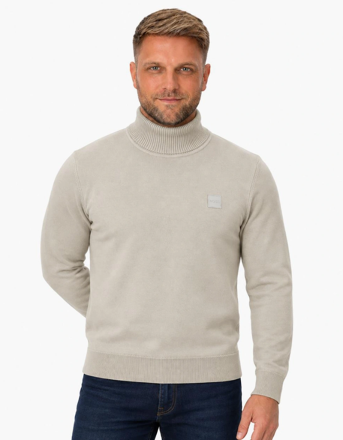 BOSS Akiro Roll Neck Logo Jumper Light Natural