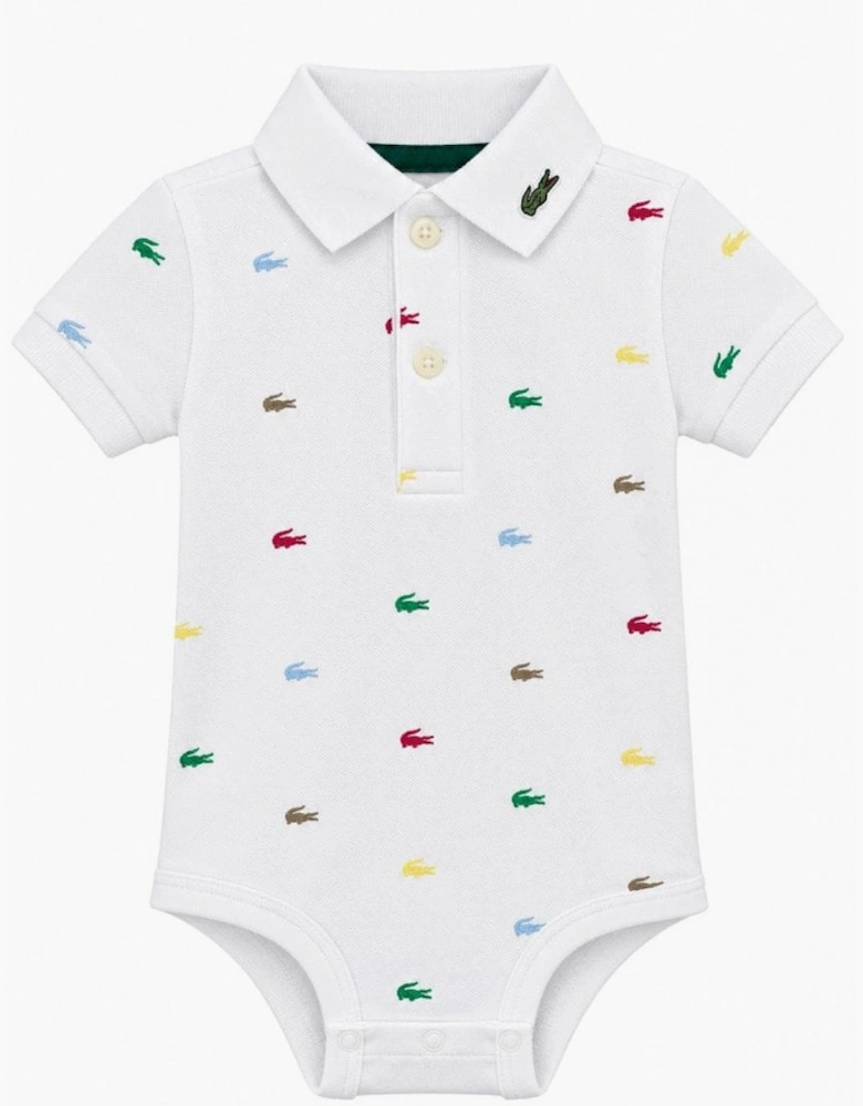 Lacoste Infant White Crocodile Print Bodysuit In Gift Box