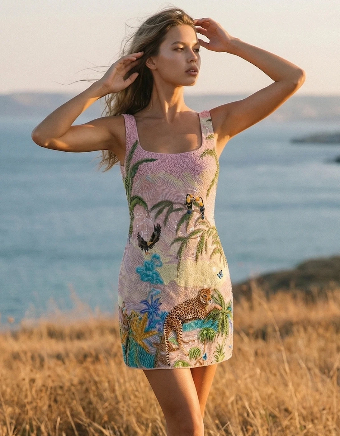 Pink Paradise Safari Beaded Mini Dress in Stock