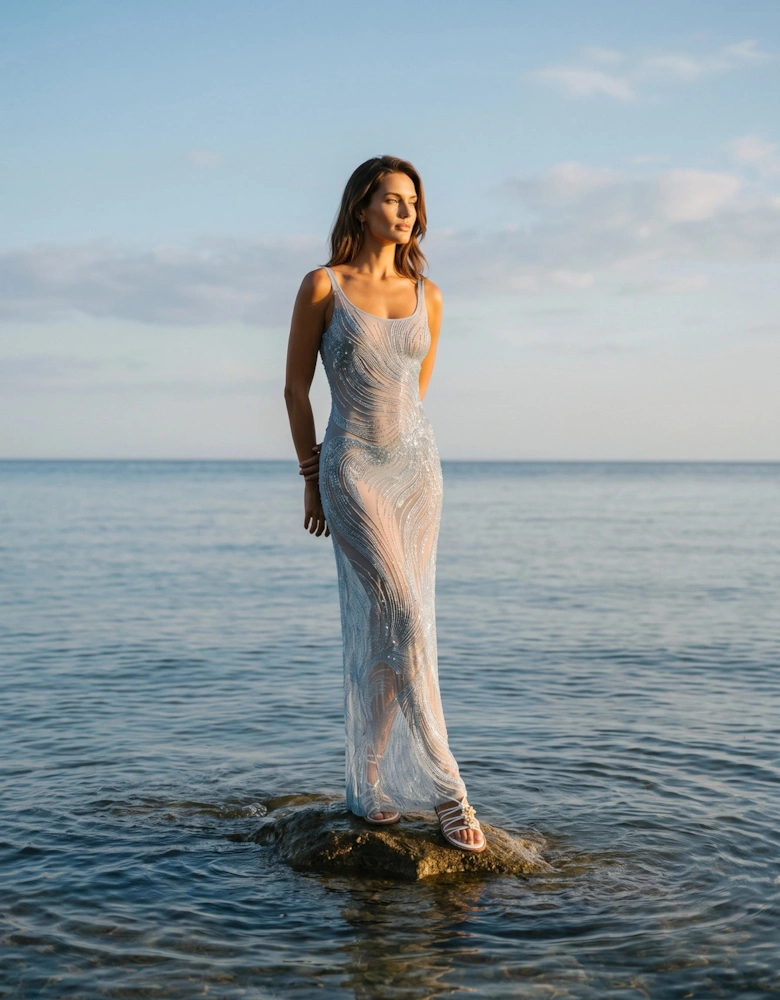 Saltwater Slip Blue Beaded Maxi Dress in Stock