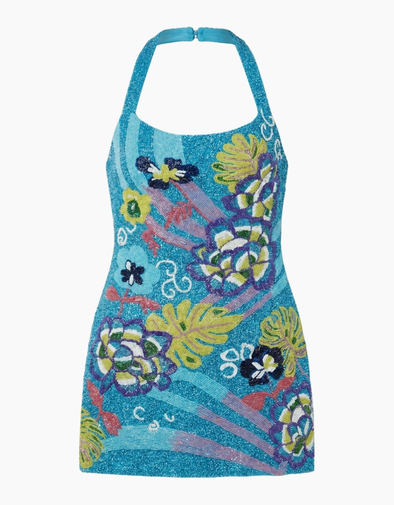 Flower and Monsterra Hand Beaded Blue Mini Dress in Stock