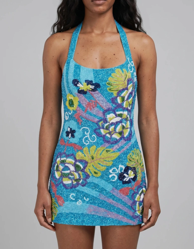 Flower and Monsterra Hand Beaded Blue Mini Dress in Stock