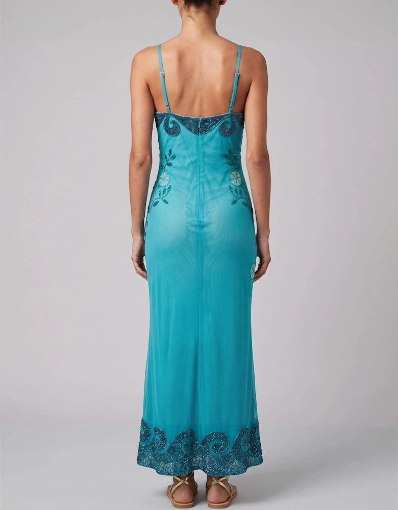 Dolphin Aqua Halterneck Hand Beaded Maxi Dress in Stock