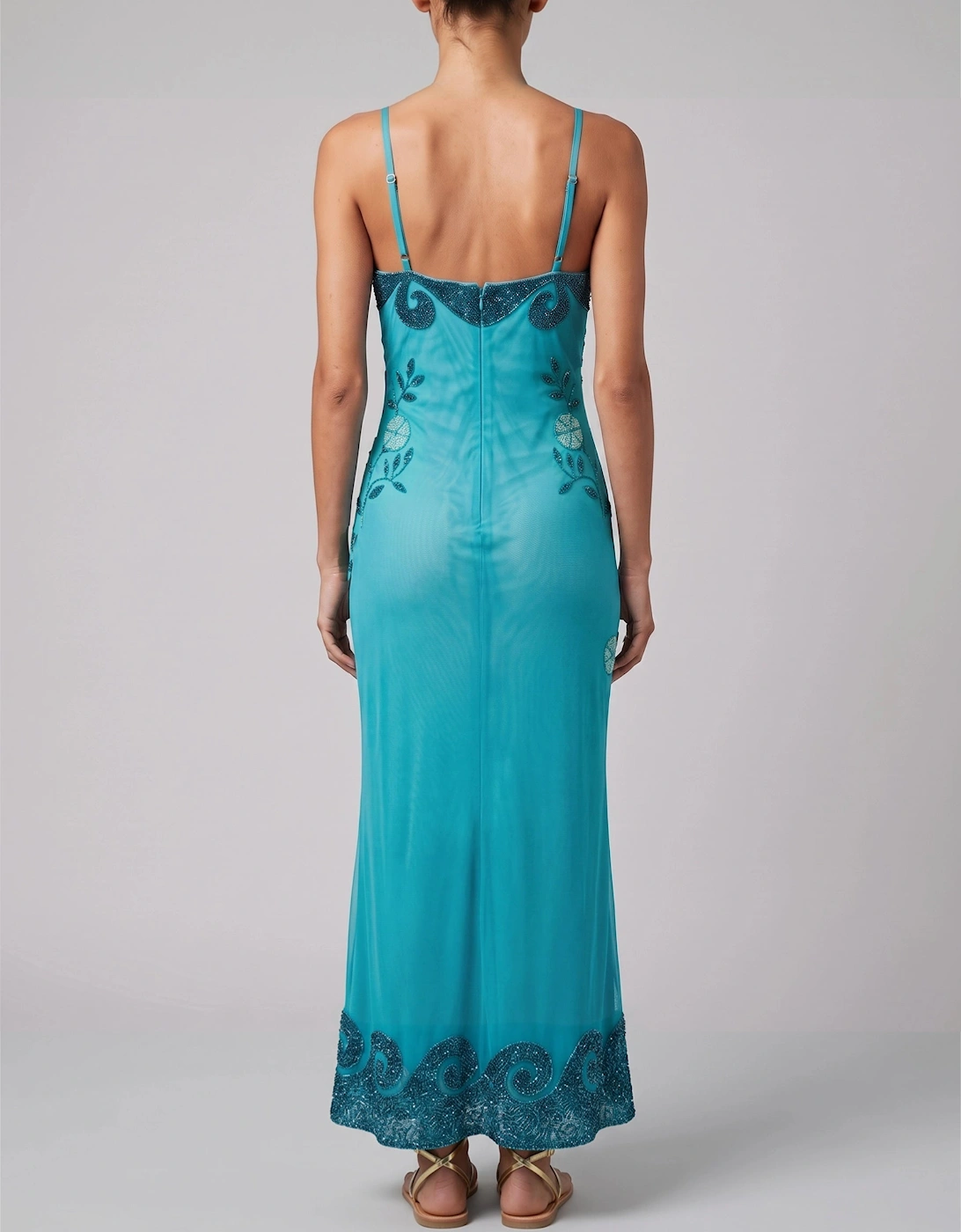 Dolphin Aqua Halterneck Hand Beaded Maxi Dress in Stock