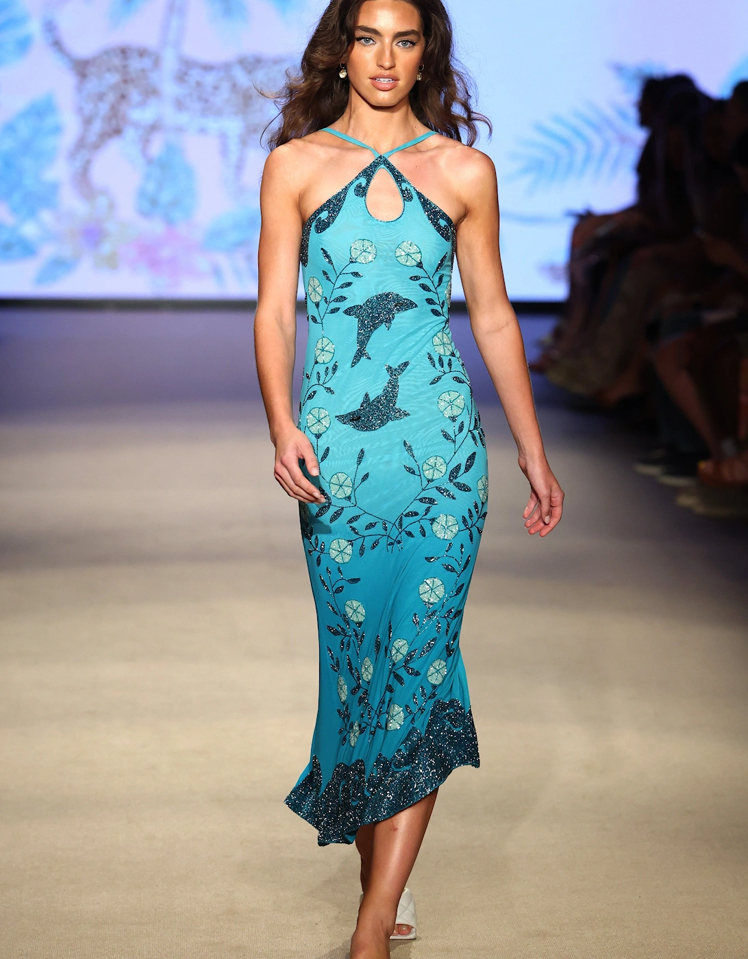 Dolphin Aqua Halterneck Hand Beaded Maxi Dress in Stock