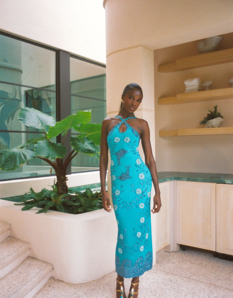Dolphin Aqua Halterneck Hand Beaded Maxi Dress in Stock