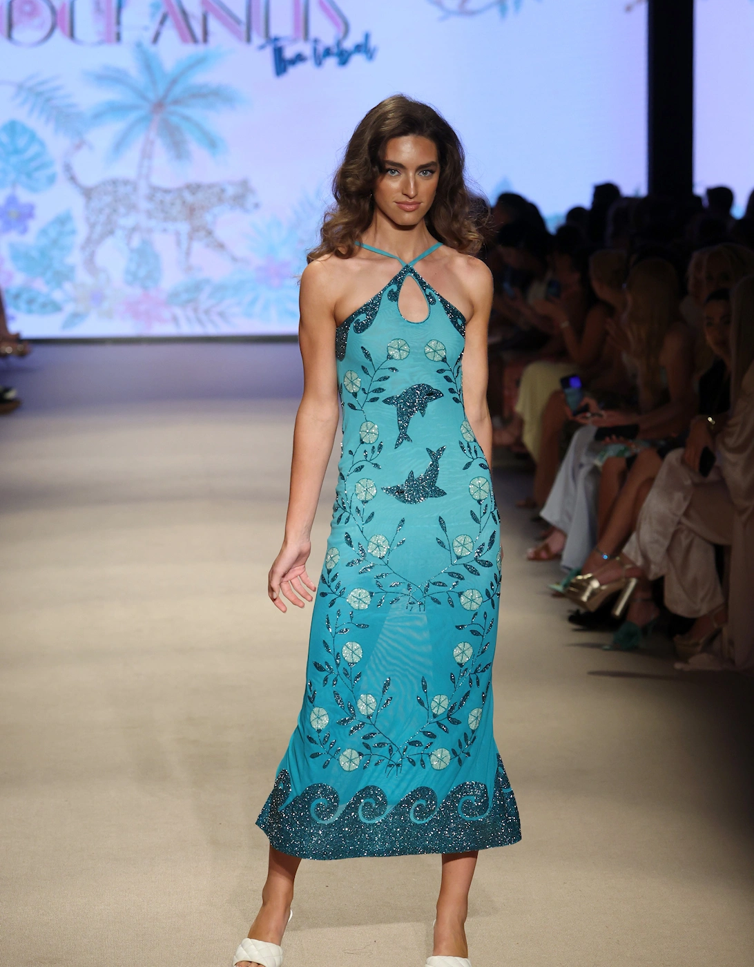 Dolphin Aqua Halterneck Hand Beaded Maxi Dress in Stock