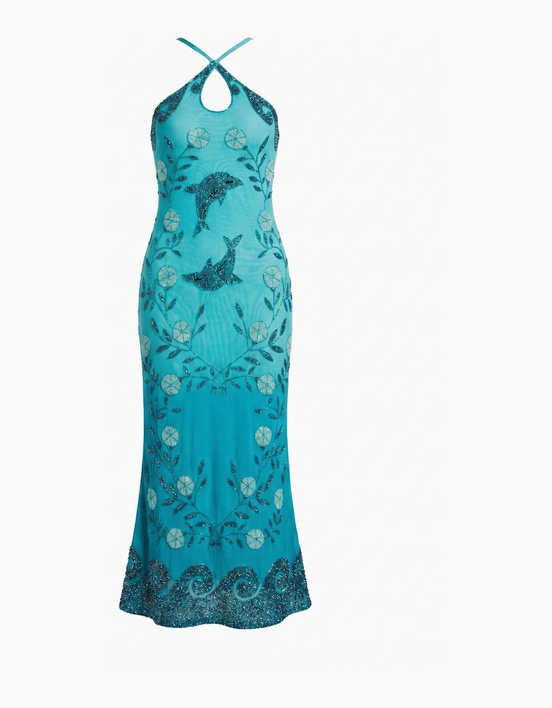 Dolphin Aqua Halterneck Hand Beaded Maxi Dress in Stock